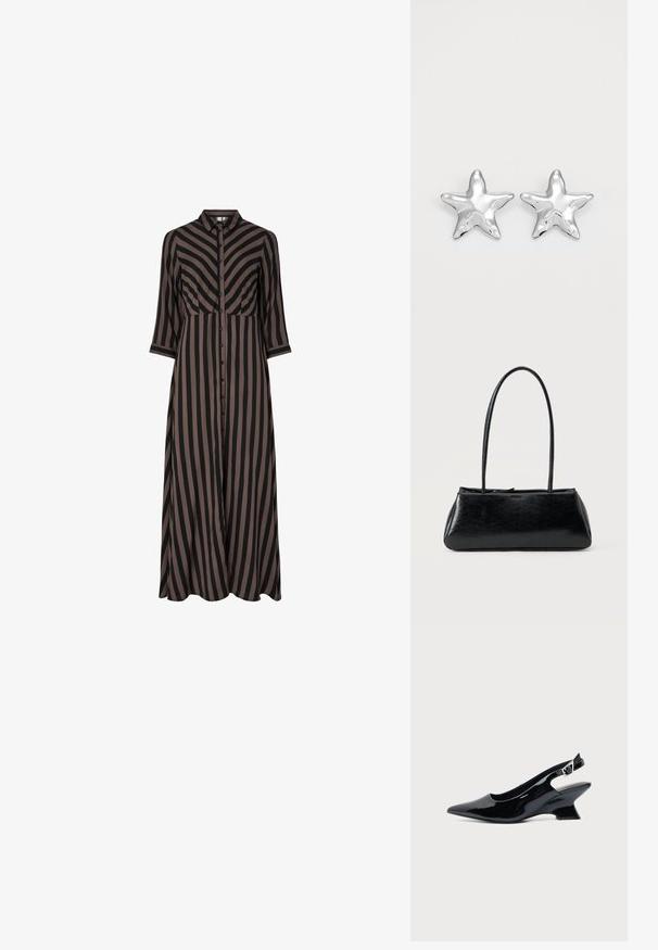 Vestido largo abotonado con rayas verticales en negro y marrón, que presenta un cuello y mangas tres cuartos. Fabricado con tejido ligero.; Zapato slingback de cuero charol negro con puntera puntiaguda y tacón bajo en bloque inclinado sobre fondo claro liso.; Bolso de hombro rectangular negro con correas largas y delgadas y una textura lisa y brillante sobre un fondo liso.; Pendientes en forma de estrella plateada con una superficie pulida y brillante. Cada pendiente presenta cinco puntas y sutiles detalles de textura en la superficie.