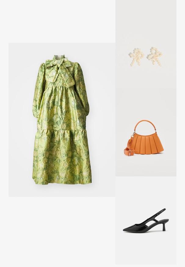 Grøn langærmet kjole med høj krave, lagdelt design og en tekstureret blomstermønster. Indeholder en stor sløjfe ved halsudskæringen.; Sorte slingback hæle med spidse tæer, lavet af blankt materiale, med udskæringsdetaljer og en moderat hæl for støtte.; Orange håndtaske med plisseret design, enkelt topgreb, aftagelig bred skulderrem og diskret præget logo på forsiden.; Perleøreringe med et delikat design, der kombinerer små og mellemstore perler i cremefarve og har en sløjfeform.