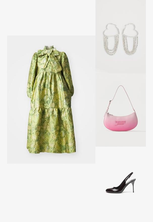 Grøn langærmet kjole med høj krave, lagdelt design og en tekstureret blomstermønster. Indeholder en stor sløjfe ved halsudskæringen.; Bordeaux patentlæder slingback hæle med en afrundet tå, en smal høj hæl og et justerbart rem. Glat tekstur med blank finish.; Lyserød gradient skuldertaske med buet form, justerbar rem og "tommy jeans" præget på fronten.; Sølv hoops i hjerteform, prydet med hængende strenge af klare rhinsten for ekstra glans og struktur.