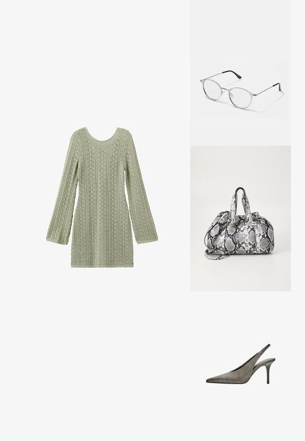 Robe tricotée vert clair à manches longues avec motif en dentelle et col rond, présentée à plat sur un fond blanc.; Escarpin slingback en daim gris à bout pointu, talon stiletto de hauteur moyenne et semelle lisse texturée.; Lunettes en métal argenté avec des verres ronds et une fine monture. Les embouts de branches noirs offrent un contraste. Plaquettes de nez ajustables incluses.; Sac à main en motif peau de serpent noir et blanc avec deux poignées, une fermeture à cordon et une bandoulière amovible. Texture lisse.