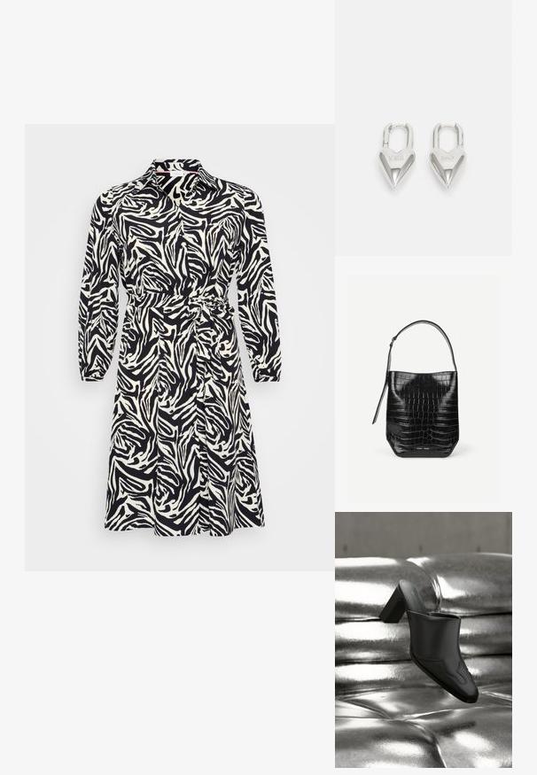 Langärmliges Kleid im schwarz-weißen Zebra-Muster, mit einem kragenförmigen Ausschnitt und einem Taillengürtel. Hergestellt aus einem glatten, leichten Stoff.; Schwarzer Leder-Mule mit Blockabsatz, der auf einer glänzenden silbernen, gepolsterten Oberfläche liegt und sein schlankes Design sowie die geschwungenen Details hervorhebt.; Schwarze Beuteltasche aus krokodilhautgeprägtem Leder mit einem einzelnen Schulterriemen und kleinem silbernen Markenlogo vorne unten in der Mitte.; Silberne herzförmige Vorhängeschlösser mit eingravierten "JA"- und "NEIN"-Texten, polierte Oberfläche, symmetrisches Design und einem robusten Metallverschluss.
