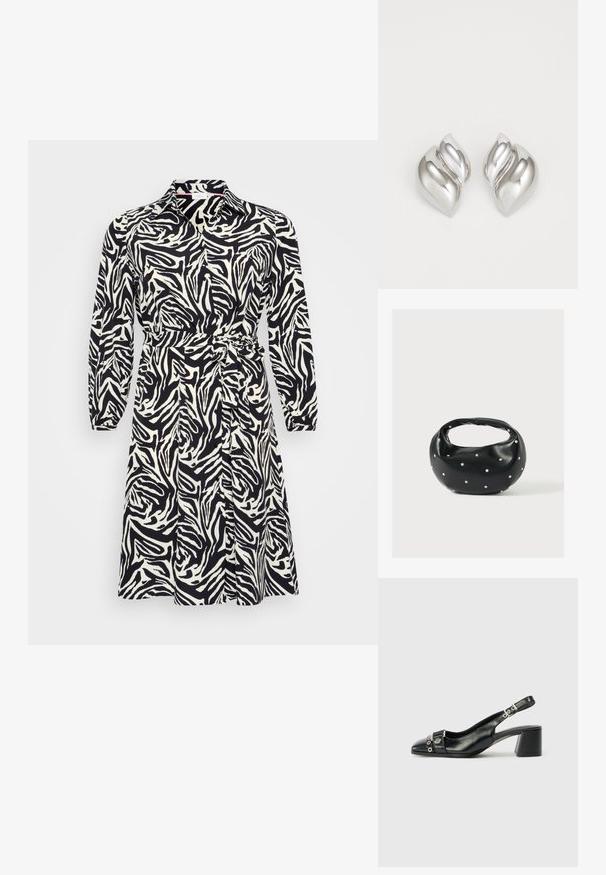 Langärmliges Kleid im schwarz-weißen Zebra-Muster, mit einem kragenförmigen Ausschnitt und einem Taillengürtel. Hergestellt aus einem glatten, leichten Stoff.; Schwarze Leder-Slingback-Pumps mit spitzem Vorderteil, strukturiertem Riemen mit runden metallischen Akzenten und gestapeltem Blockabsatz.; Schwarze Lederhandtasche mit abgerundeter Form, verziert mit silbernen Nietenakzenten und kurzem Griff. Glatte Struktur und Reißverschlussverschluss.; Silberne Ohrringe mit einer organischen, abstrakten Form. Glatte, glänzende Oberfläche mit einem konischen Design. Mit dezenten Kurven und einem zentralen Linienelement.
