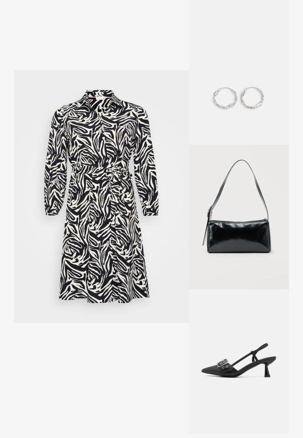 Langärmliges Kleid im schwarz-weißen Zebra-Muster, mit einem kragenförmigen Ausschnitt und einem Taillengürtel. Hergestellt aus einem glatten, leichten Stoff.; Simmi London DALA - Pumps - black; Schwarze rechteckige Schultertasche mit einem verstellbaren Riemen und einem oberen Reißverschluss vor einfachem Hintergrund.; Silberne Creolen mit einer welligen, unregelmäßigen Textur. Besitzen eine dünne, kreisförmige Form und eine reflektierende Oberfläche.