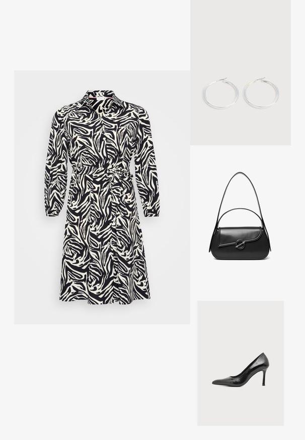 Langärmliges Kleid im schwarz-weißen Zebra-Muster, mit einem kragenförmigen Ausschnitt und einem Taillengürtel. Hergestellt aus einem glatten, leichten Stoff.; Zign High Heel Pumps - black; Schwarze Lederschultertasche mit einer geschwungenen Klappe, die durch einen runden Metallverschluss gesichert ist, und einem schlanken, verstellbaren Riemen.; Paar glänzende silberne Creolen mit dünnen Drahtverschlüssen, dargestellt vor einem hellgrauen Hintergrund.