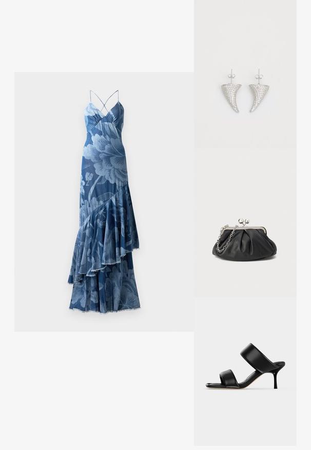 Bla dresses mit einem geschichteten Rüschendesign, Spaghetti-Trägern und einer strukturierten Oberfläche. Verfügt über ein auffälliges Blumenmuster und einen ausgefransten Saum.; Schwarze Leder-Mule-Sandale mit zwei breiten Riemen und einem schlanken, mittelhohen Stilettoabsatz auf einem schlichten hellen Hintergrund.; Schwarze Leder-Clutch mit geraffter Textur, silberfarbener Metallrahmen, Druckverschluss und Kettenriemen. Glatte, weiche Oberfläche.; Silberne, hornförmige Ohrringe, besetzt mit kleinen klaren Steinen, mit einem Steckverschluss zur Befestigung. Glatte Textur und metallisches Finish.
