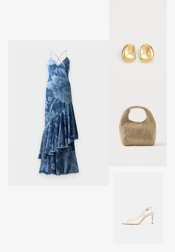 Bla dresses mit einem geschichteten Rüschendesign, Spaghetti-Trägern und einer strukturierten Oberfläche. Verfügt über ein auffälliges Blumenmuster und einen ausgefransten Saum.; Cremefarbener Slingback-Pumps mit spitz zulaufender Spitze, kleinem Schleifendetail und verstellbarem Schnallenriemen vor einfarbigem Hintergrund.; Kleine Handtasche in Gold-Ton, bedeckt mit glänzenden runden Nieten, mit kurzem Griff und rechteckigem Ausschnitt oben.; Goldfarbene Ohrstecker mit einer glatten, runden Form und einer reflektierenden Oberfläche, die ein minimalistisches Design ohne sichtbare Muster zeigen.