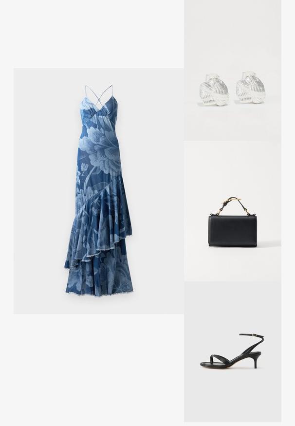 Bla dresses mit einem geschichteten Rüschendesign, Spaghetti-Trägern und einer strukturierten Oberfläche. Verfügt über ein auffälliges Blumenmuster und einen ausgefransten Saum.; Schwarze Ledersandale für Damen mit dünnen Riemchen, einer Zehenlasche, einer Knöchelschnalle und einem mittelhohen Stöckelabsatz vor neutralem Hintergrund.; Schwarze Lederhandtasche mit rechteckiger Form, ausgestattet mit einem oberen Griff und goldfarbenen Hardware-Akzenten. Glatte Textur, minimalistisches Design.; Silberne Ohrringe in Muschelform mit strukturierten Rillen und glatten Kurven, ausgestattet mit einer klaren Rückseite für sicheren Halt.