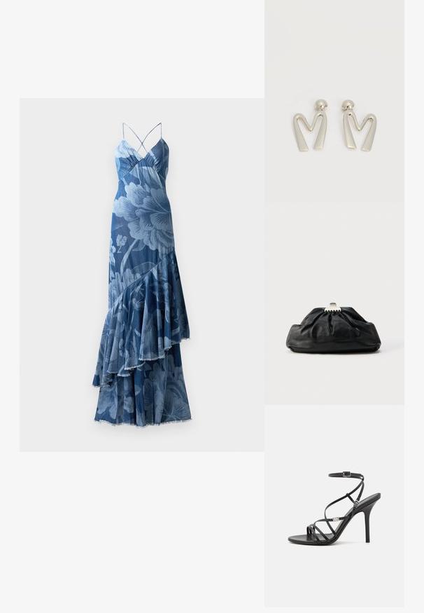 Blå blomsterkjole med lagdelt flæsedesign, spaghetti-stropper og en struktureret overflade. Har et dristigt blomsterprint og frynset kant.; Sort højhælet sandal med tynde stropper, en ankelspænde, en glat læderoverflade og en slank stilethæl.; Sort læderclutch med en samlet tekstur, metal lukning og diskret præget logo på forsiden. Rundet form.; Par sølvtonede metaleøreringe formet som den kantede bogstav M med runde fester på en hvid baggrund.