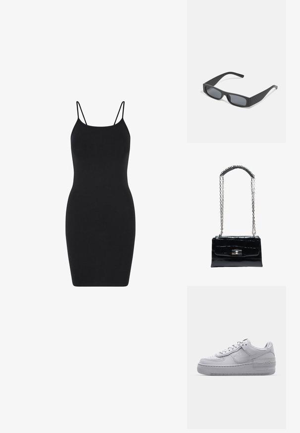 Sort udenærmet kjole med tynde stropper, tætsiddende design, lavet af glat stof, knælang med en simpel, udekoreret stil.; Grå Nike Air Force 1 sneakers med perforeret tå, glat læderoverdel, tyk sål og præget 'AIR' detalje på hælen.; Sorte rektangulære solbriller med mørke linser og tykke matte stel. Armen er let tilspidset med en glat overflade.; Sort håndtaske i krokodilletekstureret læder med sølvfarvet drejelås og lang sølvkæde med læder skulderpude.