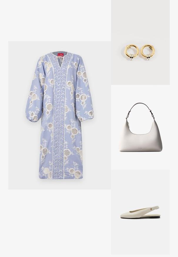 Blauwe jurk met witte bloemenborduursels, met pofmouwen en een sleutelgat halslijn. Gemaakt van lichte, gestructureerde stof.; Crèmekleurige leren slingback platte schoen met ronde neus en klein gouden embleem op het bandje.; Romige Calvin Klein leren schoudertas met gebogen bovenrand, zilveren rits en donkerbruine verstelbare riem.; Gouden ronde oorbellen met aan elke oorbel twee kleine zilveren ringetjes, met subtiele gegraveerde merknamen, geplaatst op een witte achtergrond.