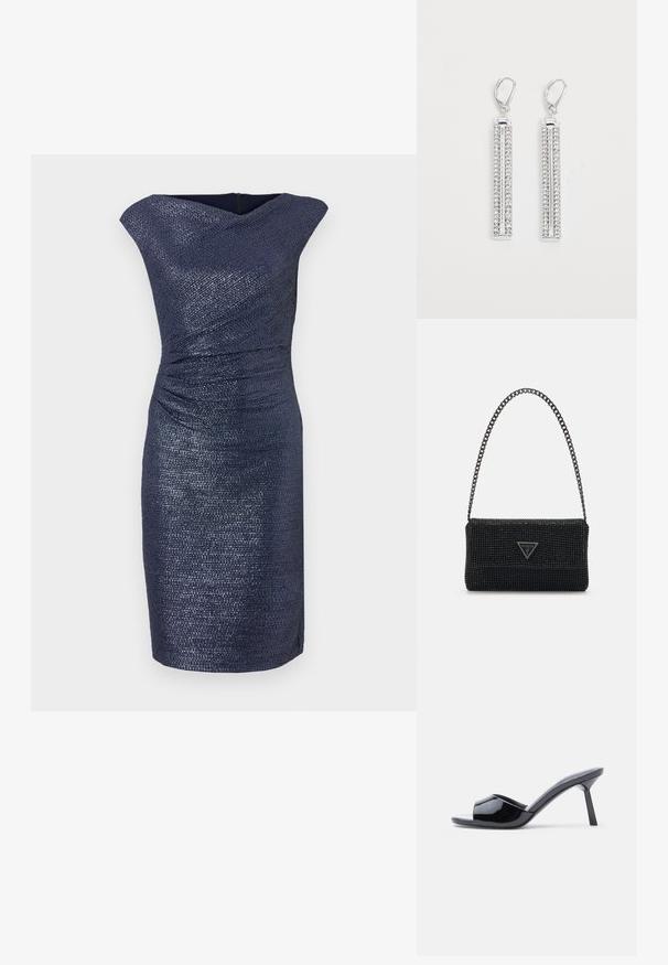 Robe marine à longueur de genoux avec une finition texturée, dotée d'un décolleté drapé et de fronces à la taille pour une silhouette ajustée.; Sandales à talons ouverts en cuir verni noir, avec un design supérieur incurvé et un talon aiguille effilé. Finition lisse et brillante.; Sac à main noir perlé avec une surface texturée, doté d'une bandoulière en chaîne et d'une plaque logo triangulaire à l'avant. Forme rectangulaire compacte.; Boucles d'oreilles en argent avec deux barres allongées, chacune sertie de petites pierres en strass transparentes dans un motif linéaire. Fermeture à crochet.