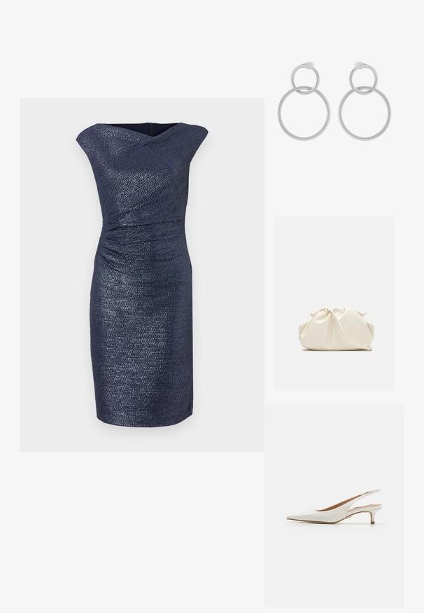 Vestido azul marino hasta la rodilla con un acabado texturizado, que presenta un escote drapeado y fruncidos en la cintura para una silueta ajustada.; Steve Madden KARI - Tacones - white; Bolso de mano de cuero suave de color crema con diseño fruncido y plisado y una delgada correa para el hombro que descansa delante sobre un fondo liso.; Pendientes de metal plateado que presentan dos círculos entrelazados, uno más grande y otro más pequeño, con un acabado cepillado y cierres de presión.