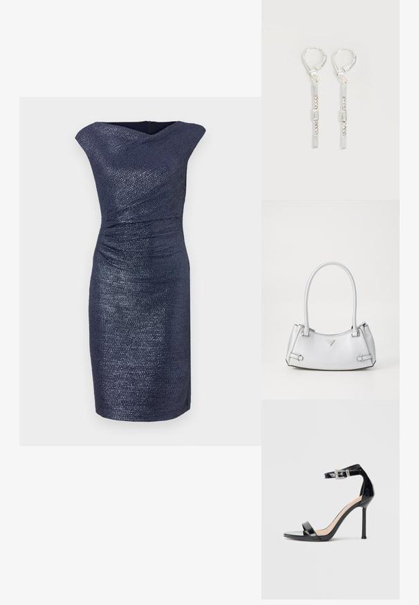 Robe marine à longueur de genoux avec une finition texturée, dotée d'un décolleté drapé et de fronces à la taille pour une silhouette ajustée.; Sandale à talon haut en cuir verni noir avec bride à la cheville. Présente un design minimaliste, un bout ouvert et une boucle ornée de strass.; Sac à main argenté avec un design structuré, doté de deux poignées, d'une texture brillante, de quincaillerie accentuée et d'un logo triangulaire sur le devant.; Boucles d'oreilles pendantes en argent avec des cristaux clairs rectangulaires et ronds alignés verticalement, sécurisées par des fermoirs à levier.