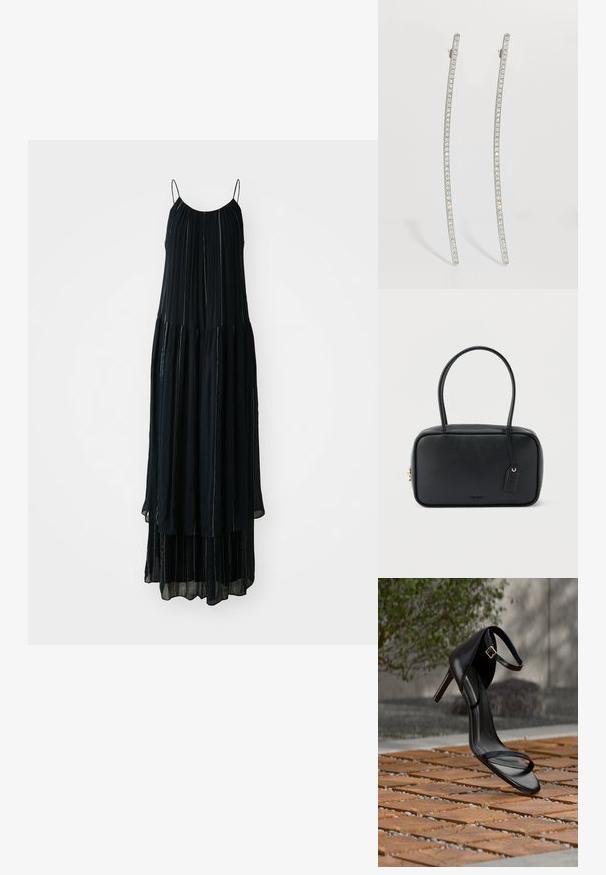Robe maxi noire avec bretelles fines, design plissé et niveaux superposés. Fabriquée en matériau léger avec des accents de couture verticale subtils.; Sandale noire à talon haut avec sangle à la cheville, suspendue au-dessus d'un sol en carreaux de bois à l'extérieur, avec un arrière-plan flou de verdure et de pierre.; Sac à main rectangulaire noir avec doubles poignées arrondies, fermeture éclair dorée et logo "HUGO" embossé sur le devant avec une étiquette en cuir attachée.; Boucles d'oreilles allongées en ton argenté avec un design incurvé, ornées d'une rangée de cristal clair le long des bords extérieurs pour plus d'éclat.
