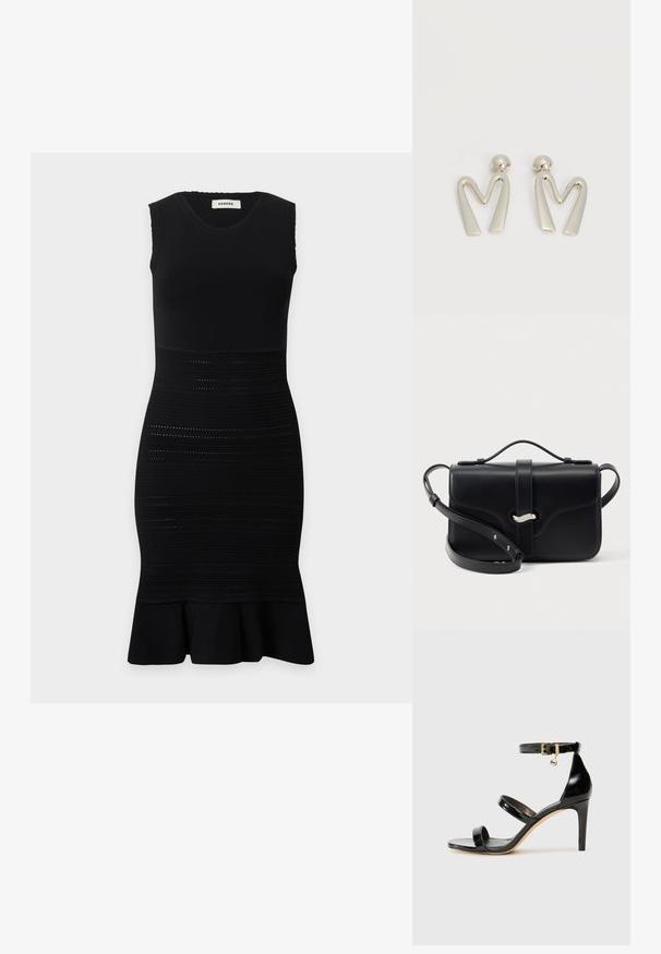 Robe noire sans manches longueur genou avec corsage ajusté, rayures horizontales texturées sur la jupe et détail évasé à l'ourlet.; Sandale en cuir verni noir avec trois brides, boucle de cheville et talon aiguille de 10 cm. Présente un détail en métal doré et un charm logo.; Sac bandoulière en cuir noir avec poignée supérieure, fermeture argentée et bandoulière ajustable sur fond blanc.; Paire de boucles d'oreilles en métal argenté en forme de lettre M angulaire avec des tiges arrondies sur fond blanc.