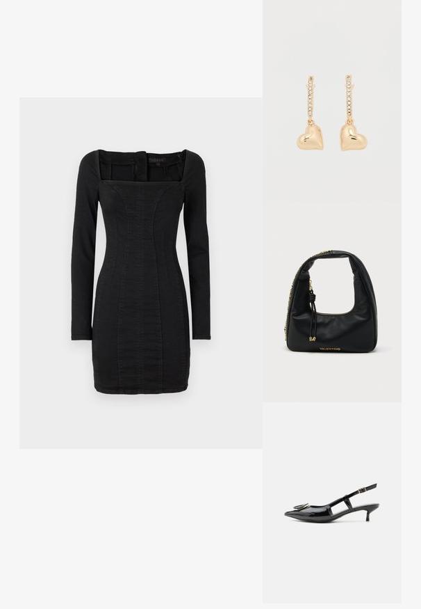 Schwarzes Langarmkleid mit quadratischem Ausschnitt, taillierter Passform und denimähnlicher Textur, mit vertikalen Nähten auf der Vorderseite.; Schwarzer Slingback-Schuh aus Lackleder mit Kitten-Heel, spitzer Spitze, ausgeschnittenen Seiten, Schnallenriemen und rundem metallic Detail an der Spitze.; Schwarze, genarbte Lederhandtasche von Valentino mit weicher Struktur, goldenem Reißverschluss, geknotetem Lederzipper, goldener Kettendetail und goldenem Logo an der Basis.; Goldene Ohrringe mit herzförmigen Anhängern, verziert mit einer Reihe kleiner Strasssteine am Bügel. Reflektierende, glatte Oberfläche.