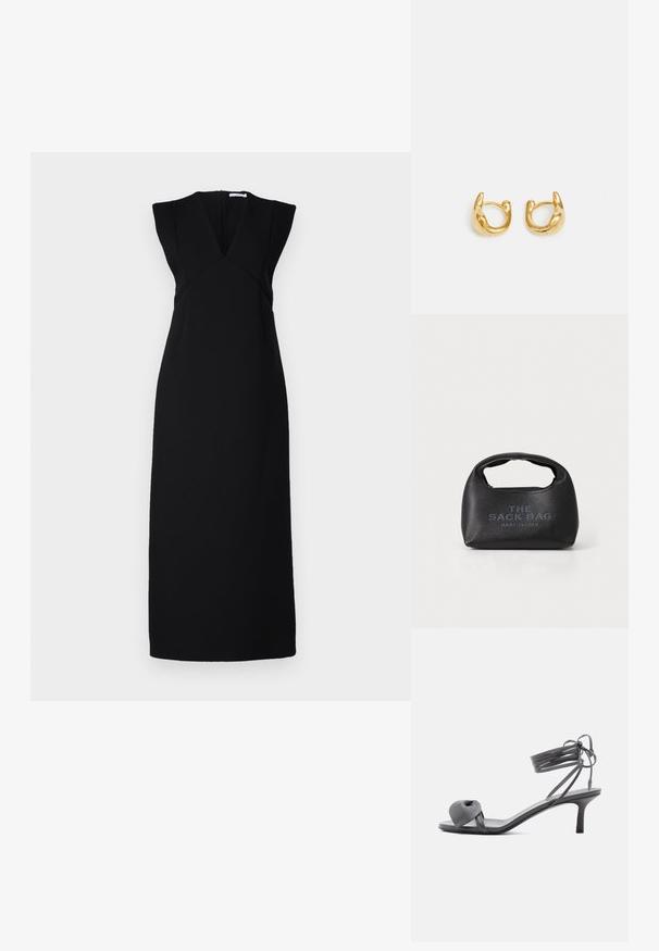 Robe noire sans manches avec un décolleté en V profond, des épaules structurées et une silhouette ajustée. Texture lisse, avec une coupe longue et droite et une fermeture éclair invisible.; Sandale à talon en cuir gris avec une bride nouée sur les orteils et des lacets enroulants autour de la cheville, sur un talon moyen et fin, sur fond blanc.; Sac à main en cuir noir texturé avec une forme structurée, une courte poignée et le texte en relief "THE SACK BAG" à l'avant. Fermeture zippée sur le dessus.; Boucles d'oreilles en or présentant un design lisse et arrondi avec une finition polie. Les boucles ont une forme compacte et chunky, et un fermoir sans couture.