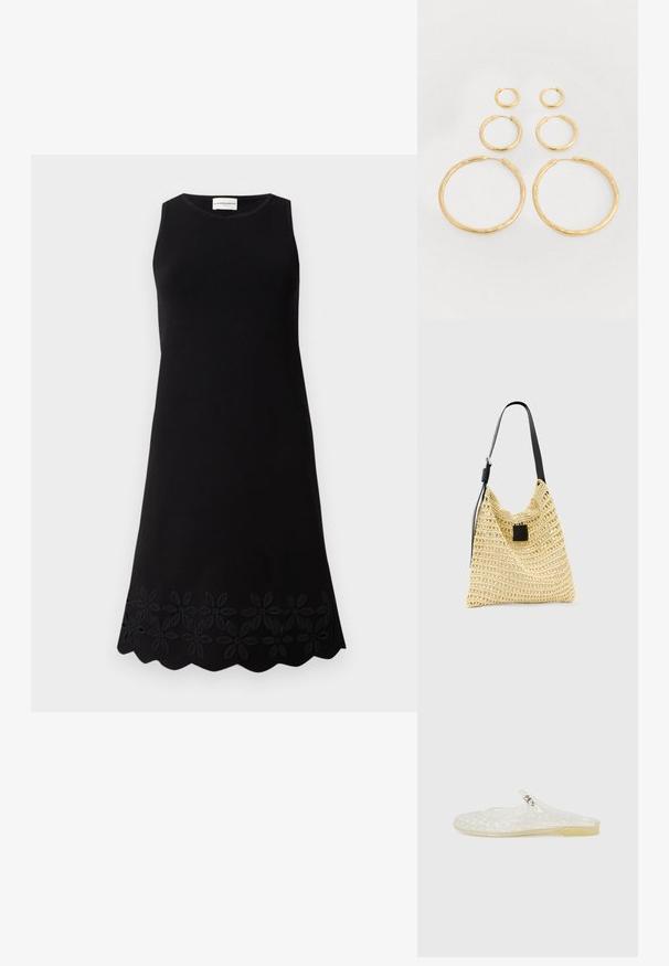 Robe noire sans manches avec un col rond, présentant un motif floral texturé le long de l'ourlet et une silhouette évasée en A.; Chaussure en plastique transparent à enfiler avec un motif en grille, bout rond et un petit accent argenté sur la sangle. Semelle flexible de couleur translucide.; Sac fourre-tout beige tissé avec une bandoulière noire réglable et un petit patch rectangulaire noir sur le devant.; Boucles d'oreilles en or de différentes tailles, présentant une texture lisse et polie ainsi qu'une forme arrondie, avec un design de fermoir sécurisé.