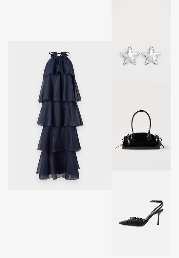 Robe superposée bleu marine avec un col halter. Conçue en tissu transparent, elle présente des niveaux fluides et un corsage froncé. Texturée et légère.; Chaussure à talon haut noire à bout pointu, bords festonnés, œillets métalliques, lacets à l'avant et bride de cheville avec fermeture à boucle.; Petit sac à main noir brillant avec deux longues anses et des détails à cordon sur les côtés sur un fond clair uni.; Boucles d'oreilles argentées en forme d'étoile, avec une surface lisse et brillante. Chaque boucle d'oreille possède cinq pointes et des détails subtils de texture de surface.