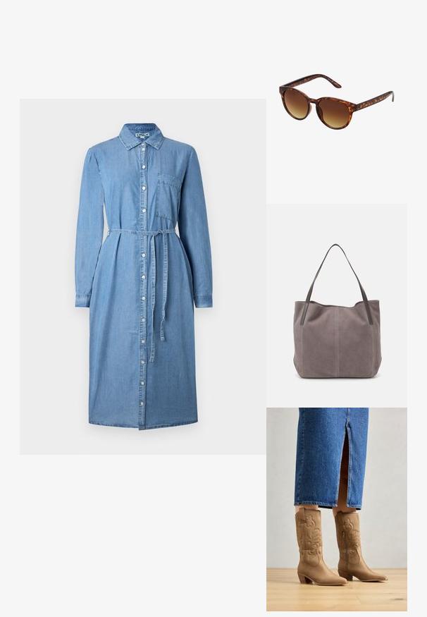 Jeanshemdkleid in Himmelblau, mit langen Ärmeln, durchgehender Knopfleiste, Kragen und Taillengürtel. Enthält ein Detail mit einer Brusttasche.; Braune westernstil Stiefel mit dekorativer Stickerei, spitzer Zehenform und gestapeltem Absatz. Getragen mit einem knielangen Jeansrock, der die Stiefel zur Geltung bringt.; Schildpatt-Sonnenbrille mit einer vintage Katzenaugenform, verlaufenden braunen Gläsern und einer glatten, glänzenden Oberfläche an Rahmen und Bügel.; Graue Wildleder-Tasche mit zwei dunklen Ledergriffen. Verfügt über gestickte Details an den Seiten, eine weiche Textur und eine geräumige Öffnung.