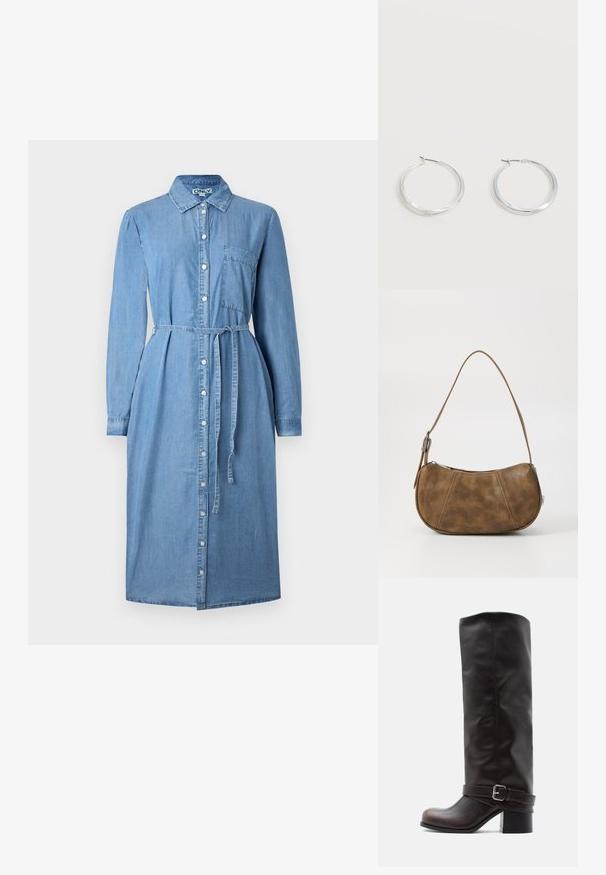 Denim skjortekjole i lyseblå, med lange ærmer, knaplukning foran, krave og bælte i taljen. Inkluderer en brystlommedetalje.; Mørkebrun læderstøvle til knæet med rund tå, lav blokhæle og dekorativ rem med sølvspænde ved anklen.; Brun faux læder skuldertaske med en buet form, en enkelt strop, kontrasterende syninger og en lynlåslukning langs den øverste kant.; Sølvfarvede metaloorringe med glat, let buet overflade og låsemekanisme på en ensfarvet hvid baggrund.