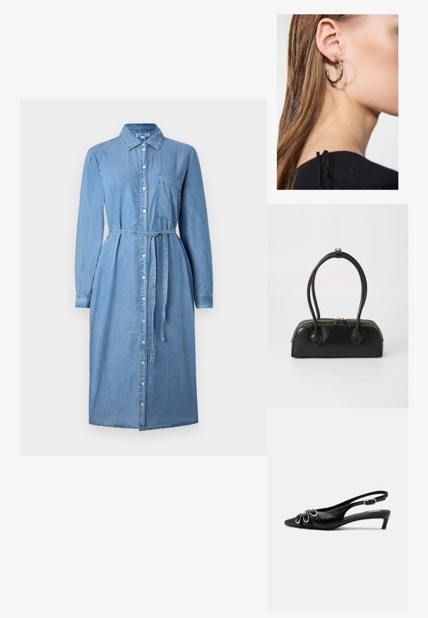 Denim skjortekjole i lyseblå, med lange ærmer, knaplukning foran, krave og bælte i taljen. Inkluderer en brystlommedetalje.; Sort læder slingback sko med spids tå, tre sølvspænder på forsiden og lav lille hæl på hvid baggrund.; Sort læder håndtaske med to langstrakte håndtag, lynlåslukning og afrundet form; glat tekstur med en subtil blank finish.; Sølv hoop ørestik med en poleret overflade, prydet med små guld accenter og en rund form, båret på øreflippen.