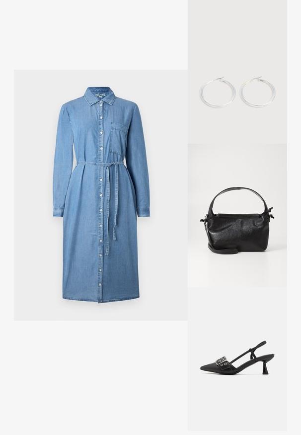 Denim skjortekjole i lyseblå, med lange ærmer, knaplukning foran, krave og bælte i taljen. Inkluderer en brystlommedetalje.; Simmi London DALA - Pumps - black; Sort læderhåndtaske med et struktureret design, rund tophåndtag og aftagelig skulderrem. Den har en glat tekstur og en subtil glans.; Par skinnende sølvøreringe med tynde trådlåse, vist på en lys grå baggrund.