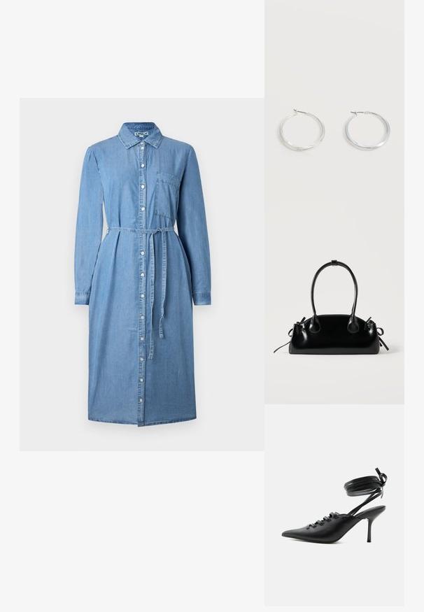 Denim shirt jurk in lichtblauw, met lange mouwen, een knoopsluiting aan de voorkant, een kraag en een ceintuur in de taille. Inclusief een borstzakdetail.; Zwarte pumps met spitse neus en hoge hak, met veters aan de voorkant en riempjes die rond de enkel wikkelen en zijn gestrikt in een strik, gezien vanaf de zijkant tegen een witte achtergrond.; Kleine zwarte glanzende handtas met twee lange hengsels en zijkant trekkoord details op een effen lichte achtergrond.; Zilverkleurige metalen creolen oorbellen met een glad, licht gebogen oppervlak en sluitingen met haaksluiting op een effen witte achtergrond.