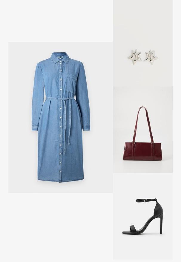 Denim shirt jurk in lichtblauw, met lange mouwen, een knoopsluiting aan de voorkant, een kraag en een ceintuur in de taille. Inclusief een borstzakdetail.; Zwarte sandalen met hoge hakken, met een slank ontwerp, voorzien van een enkelbandje, open teen en een gladde leren textuur.; Bourgondische handtas van glanzend materiaal, rechthoekige vorm, met twee schouderbanden en subtiele gebogen accenten aan de voorkant.; Zilverkleurige stervormige oorringen met een gladde, gepolijste afwerking op een effen witte achtergrond.