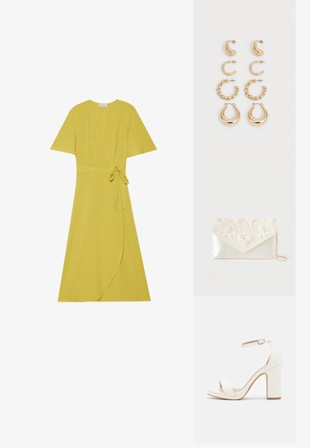 Robe portefeuille jaune à manches courtes, ceinture à nouer à la taille et ourlet fluide. Fabriquée en tissu doux et texturé.; Sandale à talon haut blanche avec une bride de cheville, design minimaliste, bout ouvert, talon carré et texture en cuir lisse.; Pochette en satin crème avec broderie de perles et fleurs sur le rabat, et une fine chaîne dorée sur fond blanc.; Ensemble de cinq boucles d'oreilles en or, avec des designs variés : surfaces torsadées, striées et lisses en formes de créoles et de croissants.