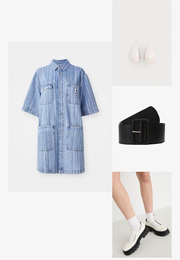 Vestido de camisa de denim en azul claro con rayas verticales, mangas cortas, dos bolsillos en el pecho y un pequeño parche con el logo. Cierre de botones en la parte delantera.; Zapatos Mary Jane de cuero blanco brillante con una suela negra gruesa, que cuentan con una correa en el empeine y se llevan con calcetines blancos.; Pendientes de gota de metal plateado con una superficie suave y reflectante, en forma de lágrima, que presentan un diseño sin costuras y sin embellishments visibles.; Cinturón de cuero negro con hebilla rectangular de plata, textura suave y extremo en punta. El diseño es simple y funcional.