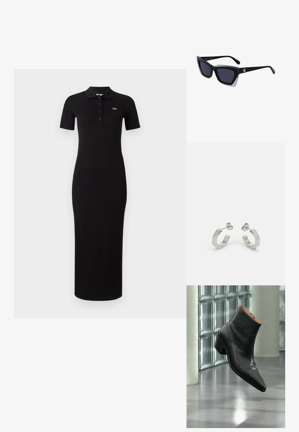 Vestido polo negro de midi con mangas cortas, textura acanalada y tapeta de botones. Presenta un pequeño logotipo verde en la zona del pecho izquierdo.; Botín de piel negra con puntera puntiaguda y tacón cuadrado que levita sobre un suelo gris reflectante cerca de una pared de bloques de cristal.; Gafas de sol negras de gran tamaño con una forma geométrica, que presentan lentes oscuros y un detalle gris contrastante en la montura. Logo en la pata.; Pendientes aros de metal plateado con un diseño texturizado, que cuentan con un pequeño respaldo de clip y una marca en uno de los aros. Forma redondeada con un acabado pulido.