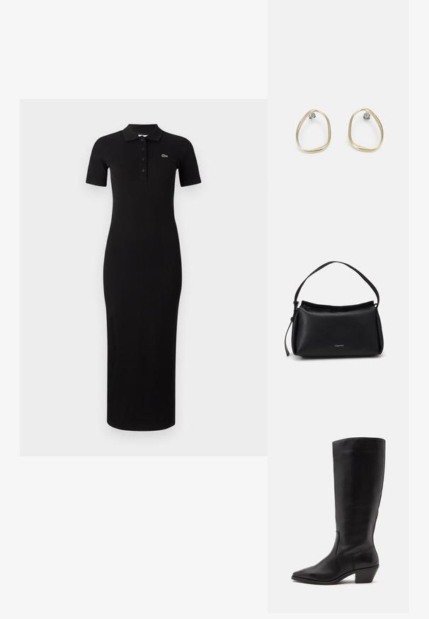 Zwart midi pol dresses met korte mouwen, geribbelde textuur en knoopsluiting. Kenmerkt zich door een klein groen logo op de linkerkant van de borst.; Zwarte leren laars tot half op de kuit met een puntige neus en een lage schuine hak op een effen lichte achtergrond.; Zwarte leren handtas met een gebogen vorm, een enkele schouderband en een ritsluiting aan de bovenkant. Heeft een subtiel logo aan de voorkant voor branding.; Gouden metalen oorbellen met een vloeiende, organische vorm. Gladde textuur, open ontwerp met een minimalistische esthetiek, voorzien van studsluitingen.