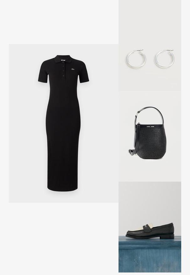 Vestido polo negro de midi con mangas cortas, textura acanalada y tapeta de botones. Presenta un pequeño logotipo verde en la zona del pecho izquierdo.; Mocasines de cuero en blanco y negro con costuras decorativas, flotando sobre un suelo de concreto con plantas desenfocadas al fondo.; Bolso tejido negro con base redondeada, ribete de cuero, correa de hombro ajustable y logo de la marca Samsøe Samsøe en la banda superior.; Par de pendientes de aro plateados brillantes de tamaño mediano con cierres metálicos finos sobre un fondo neutro claro.