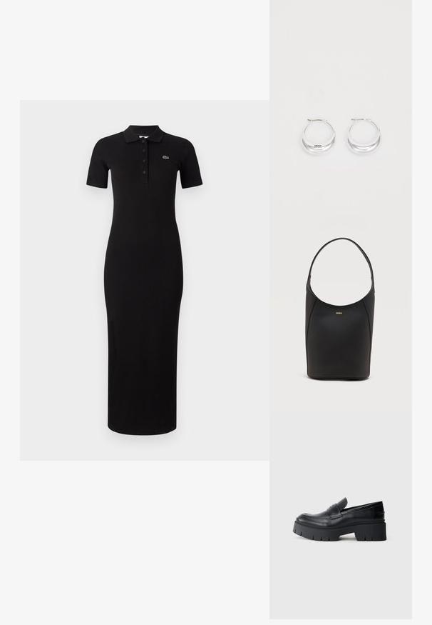 Zwart midi pol dresses met korte mouwen, geribbelde textuur en knoopsluiting. Kenmerkt zich door een klein groen logo op de linkerkant van de borst.; Zwarte chunky platform loafers met een soepel leren bovenwerk, decoratieve band en dikke gestructureerde zool op een witte achtergrond.; Zwarte leren emmerhandtas met enkele schouderband en klein gouden BOSS-logo centraal geplaatst nabij de bovenkant aan de voorkant.; Zilveren creolen met een gepolijste afwerking en DKNY-branding, weergegeven tegen een effen witte achtergrond.