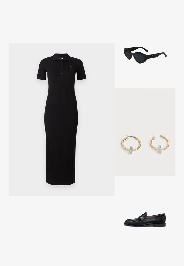 Robe polo noire à manches courtes, avec texture côtelée et patte de boutonnage. Présente un petit logo vert sur la zone gauche de la poitrine.; Mocassin en cuir noir avec détails froncés à l'avant, petit talon et coutures cousues, présenté en profil latéral sur fond blanc.; Lunettes de soleil cat-eye noires avec une finition brillante, des verres sombres et un logo "cK" sur la branche. Design angulaire et montures épaisses.; Paire de boucles d'oreilles créoles dorées avec un petit détail boucle ton argent sur chaque, exposées sur fond gris clair.