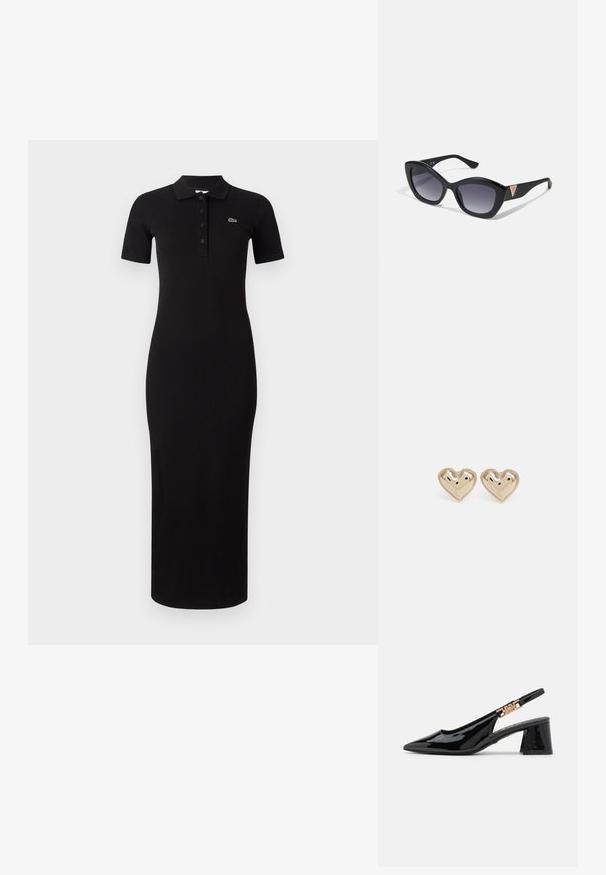 Zwart midi pol dresses met korte mouwen, geribbelde textuur en knoopsluiting. Kenmerkt zich door een klein groen logo op de linkerkant van de borst.; Zwarte gepatineerde leren slingback pumps met een spitse neus en goudkleurige hardware op de band, met een blokhak. Glad textuur.; Guess Zonnebril - shiny black; Goudkleurige hartvormige oorbellen met een gladde textuur, met subtiele rondingen en merkdetails, ontworpen voor een hedendaagse uitstraling.