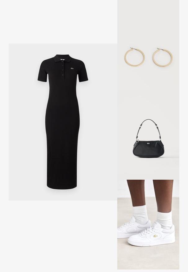 Vestido polo negro de midi con mangas cortas, textura acanalada y tapeta de botones. Presenta un pequeño logotipo verde en la zona del pecho izquierdo.; Zapatillas de piel blanca de Lacoste con paneles laterales perforados, acento de logotipo dorado y suela de goma texturizada blanca. Combinadas con calcetines blancos.; Bolso de hombro negro con correa ajustable, cierre de cremallera y pequeño logo plateado de cocodrilo en el centro delantero.; Par de pendientes de aro de tamaño mediano con tono dorado y cierre de bisagra sobre un fondo claro y liso.