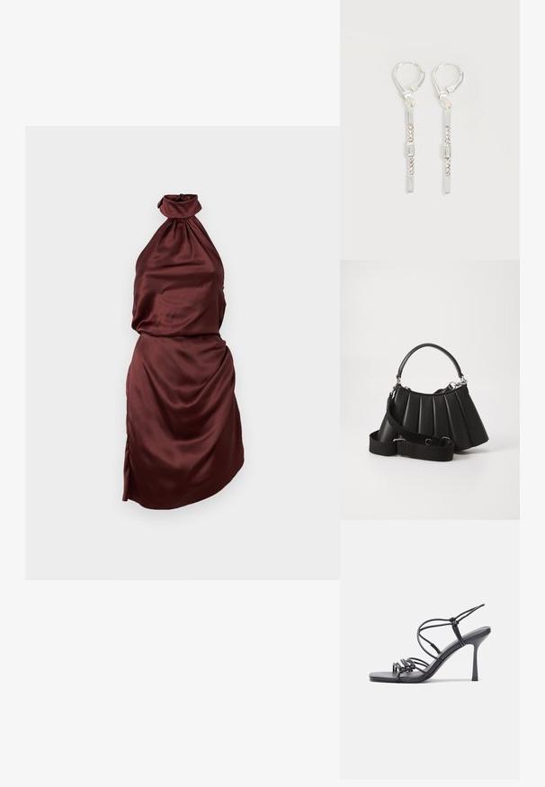 Bordeaux satin halterneck kjole med en samlet halsudskæring, tætsiddende liv og draperet nederdel med en sideslids. Glat tekstur.; Sorte højhælede sandaler med tynde stropper og en knyttet design, en glat firkantet tå og en slank stiletto hæl.; Sort plisseret handbag med et rundet håndtag, justerbar rem og blank overflade. Har sølvfarvet hardware og en struktureret silhuet.; Sølv hængende øreringe med rektangulære og runde klare krystaller i en lodret linje, fastgjort med låsebeslag.