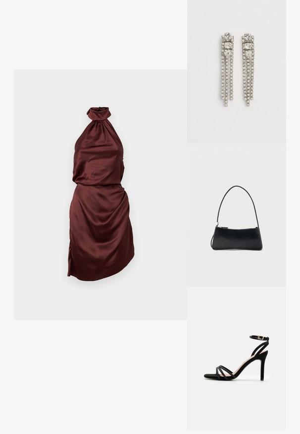 Burgunderfarbener Satin-Halter-Neck-Kleid mit gerafft ausgeschnittenem Hals, tailliertem Oberteil und drapiertem Rock, der einen seitlichen Schlitz aufweist. Glatte Textur.; Anna Field by Zalando Riemensandalette - black; Schwarze rechteckige Handtasche mit dünnem Riemen und Reißverschluss, vor einem schlichten weißen Hintergrund.; Hängende Ohrringe aus silberfarbener Metalllegierung mit drei großen quadratischen Kristallen oben und drei Strängen kleiner runder Kristalle, die darunter hängen.