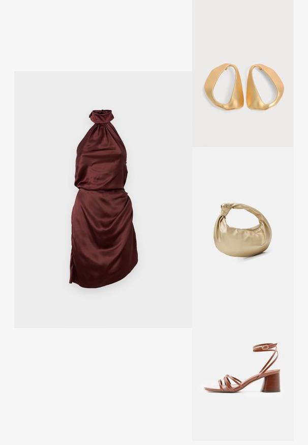 Burgunderfarbener Satin-Halter-Neck-Kleid mit gerafft ausgeschnittenem Hals, tailliertem Oberteil und drapiertem Rock, der einen seitlichen Schlitz aufweist. Glatte Textur.; Brauner Riemchensandalette mit Blockabsatz und Schnallenverschluss am Knöchel, minimalistisches Design, glatte Lederoberfläche, Seitenansicht vor einfarbigem Hintergrund.; Goldfarbene Metall-Handtasche mit glatter, glänzender Textur. Verfügt über einen geknoteten Griff und eine abgerundete, weiche Form. Reißverschlussverschluss an der Oberseite.; Paar unregelmäßiger, asymmetrischer goldener Creolen mit glatter, matter Oberfläche vor neutralem Hintergrund.