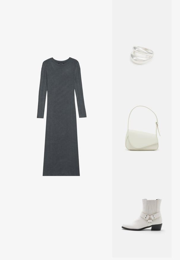 Vestido de manga larga de color gris oscuro hecho de un suave material de punto. Presenta rayas verticales texturizadas a lo largo de las mangas y el cuerpo. Cuello redondo.; Botín de cuero blanco hasta el tobillo con punta ligeramente afilada, detalle fruncido en la parte posterior y una amplia correa con herraje de hebilla alrededor del tobillo.; Bolso de mano de imitación cuero blanco con una forma triangular estructurada, correa ajustable única y cierre con solapa acentuada en curva.; Anillo de plata de doble banda con una superficie lisa y pulida. Presenta un diseño fluido y curvado con secciones superpuestas para un aspecto moderno.