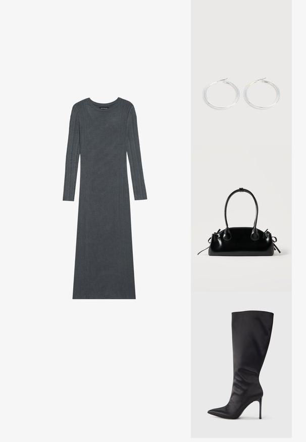 Robe à manches longues, gris foncé, en matériau tricoté doux. Présente des rayures verticales texturées le long des manches et du corps. Encolure ronde.; Botte noire haute jusqu'aux genoux en cuir verni lisse et élégant ; bout pointu ; ajustée avec un léger froncé près de la cheville ; talon brillant.; Petit sac à main noir brillant avec deux longues anses et des détails à cordon sur les côtés sur un fond clair uni.; Paire de boucles d'oreilles créoles argentées brillantes avec fermoirs en fil fin, présentée sur un fond gris clair.