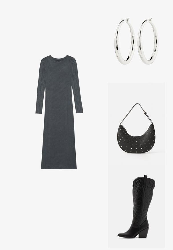 Robe à manches longues, gris foncé, en matériau tricoté doux. Présente des rayures verticales texturées le long des manches et du corps. Encolure ronde.; Bottes hautes en cuir noir jusqu'aux genoux avec bout pointu et talon empilé. Caractéristiques de coutures décoratives et éléments de design courbés.; Sac à main en cuir noir avec une forme arrondie, orné de clous en argent, doté d'une fermeture éclair et d'une seule sangle ajustable.; Boucles d'oreilles en argent en forme de halo, avec une surface lisse et réfléchissante. Forme ronde et large avec un fermoir sécurisé en haut. Fini poli mettant en valeur l'éclat.