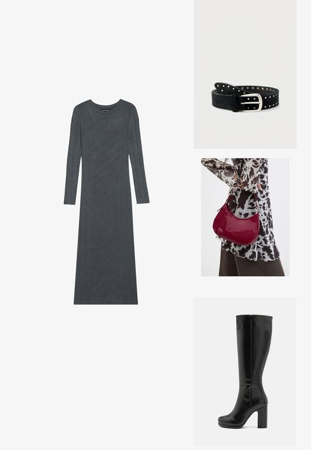 Vestido de manga larga de color gris oscuro hecho de un suave material de punto. Presenta rayas verticales texturizadas a lo largo de las mangas y el cuerpo. Cuello redondo.; Anna Field Botas de tacón - black; Mujer con blusa de estampado en blanco y negro sosteniendo un bolso de hombro rojo brillante sobre un fondo liso.; Cinturón de ante negro con hebilla plateada y tachuelas plateadas espaciadas uniformemente a lo largo, enrollado de forma suelta sobre fondo blanco.
