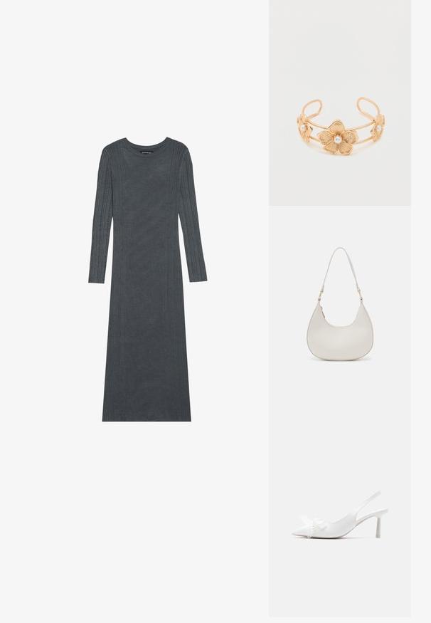 Vestido de manga larga de color gris oscuro hecho de un suave material de punto. Presenta rayas verticales texturizadas a lo largo de las mangas y el cuerpo. Cuello redondo.; Zapato slingback blanco de punta puntiaguda con tacón bajo y detalle de corazón y lazo adornados con perlas en la parte superior.; Bolso de hombro de cuero crema con forma de media luna, correa delgada y sutil detalle de costuras. Diseño minimalista con acentos de hardware en tono dorado.; Brazalete ancho de oro con tres diseños florales texturizados, cada uno adornado con una perla blanca central, sobre un fondo blanco liso.