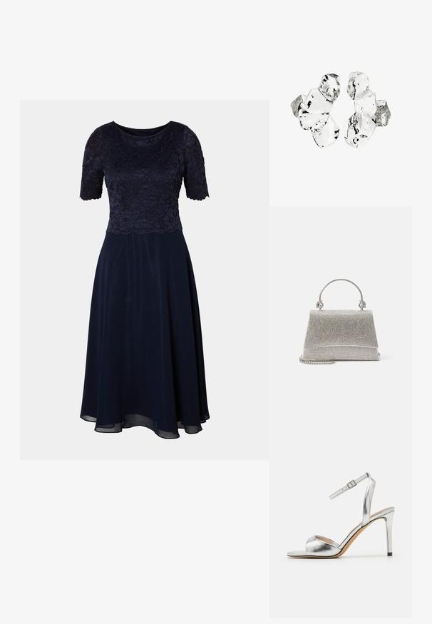 Marineblaues Kleid mit einem Spitzen-Oberteil, kurzen Ärmeln und einem fließenden Rock. Sanfte Textur und knielanger Saum mit einem dezenten Glanz.; Silberne High-Heels-Sandale mit offener Zehe, metallic glänzender Optik und verstellbarem Knöchelriemen. Sie verfügt über einen spitzen Stiletto-Absatz und eine glatte Innensohle.; ALDO FELISIA - Handtasche - silver-coloured; Cluster von sechs unregelmäßig geformten, transluzenten und reflektierenden glasähnlichen Stücken, angeordnet auf weißem Hintergrund.