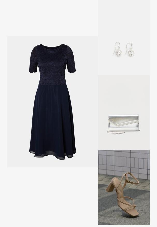 Marineblauwe jurk met een kanten lijfje, korte mouwen en een vloeiende rok. Soepele textuur en een knielange zoom met een subtiele glans.; Beige sandaal met blokhak, dunne bandjes en een enkelsluiting, rustend op een grijze stoep voor een betegelde muur.; Glanzende zilveren clutch met envelopvormige klep en decoratieve rand, klein zilveren kettingriempje, op een effen lichte achtergrond.; Zilverkleurige haakoorbellen met een cirkelvormig ontwerp, voorzien van een centrale heldere rhinestone omringd door kleinere rhinestones.