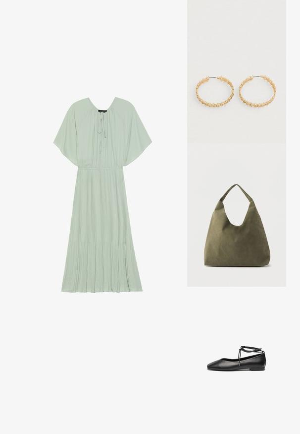 Vestido maxi verde menta con mangas cortas y anchas, un escote con cordón y un diseño de falda plisada. Tela suave con una silueta fluida.; Bailarinas de cuero negro con punta afilada, tacón plano y un detalle de lazo alrededor del tobillo. Textura suave, diseño minimalista.; Bolso de hombro de cuero suave color verde oliva con una correa ancha y única, y una forma relajada y sin estructura sobre un fondo claro.; Pendientes de aro de oro con un diseño texturizado y pequeñas cuentas redondas a lo largo del borde exterior. Ligeros y con un cierre seguro.