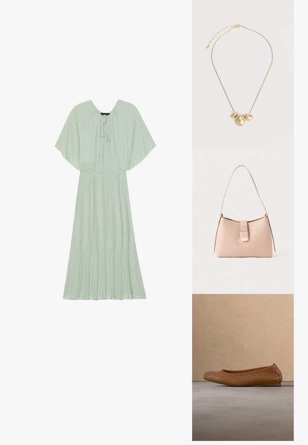 Robe maxi vert menthe avec des manches courtes et larges, un col à cordon et une jupe plissée. Tissu doux avec une silhouette fluide.; Ballerine plate en cuir tressé marron avec un bout arrondi, une semelle lisse et une finition texturée, posée sur un fond de couleur claire.; Sac à main rose clair avec une forme incurvée, fabriqué en matériau texturé. Doté d'une sangle plate et d'un détail de fermeture à rabat dorée sur le devant.; Collier doré avec trois pendentifs irréguliers en forme de galets lisses sur une chaîne fine avec fermoir réglable.